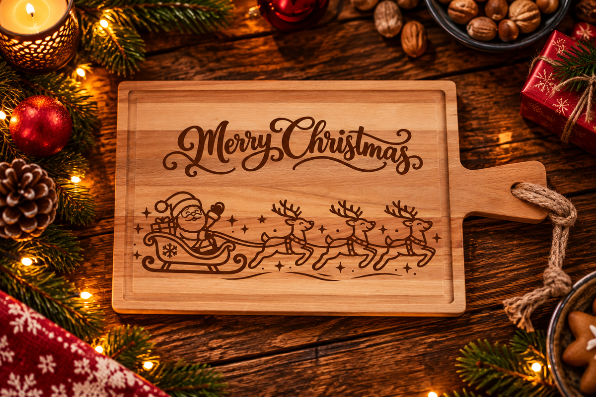 Kerstman met Rendieren Borrelplank Rechthoek 40x20cm